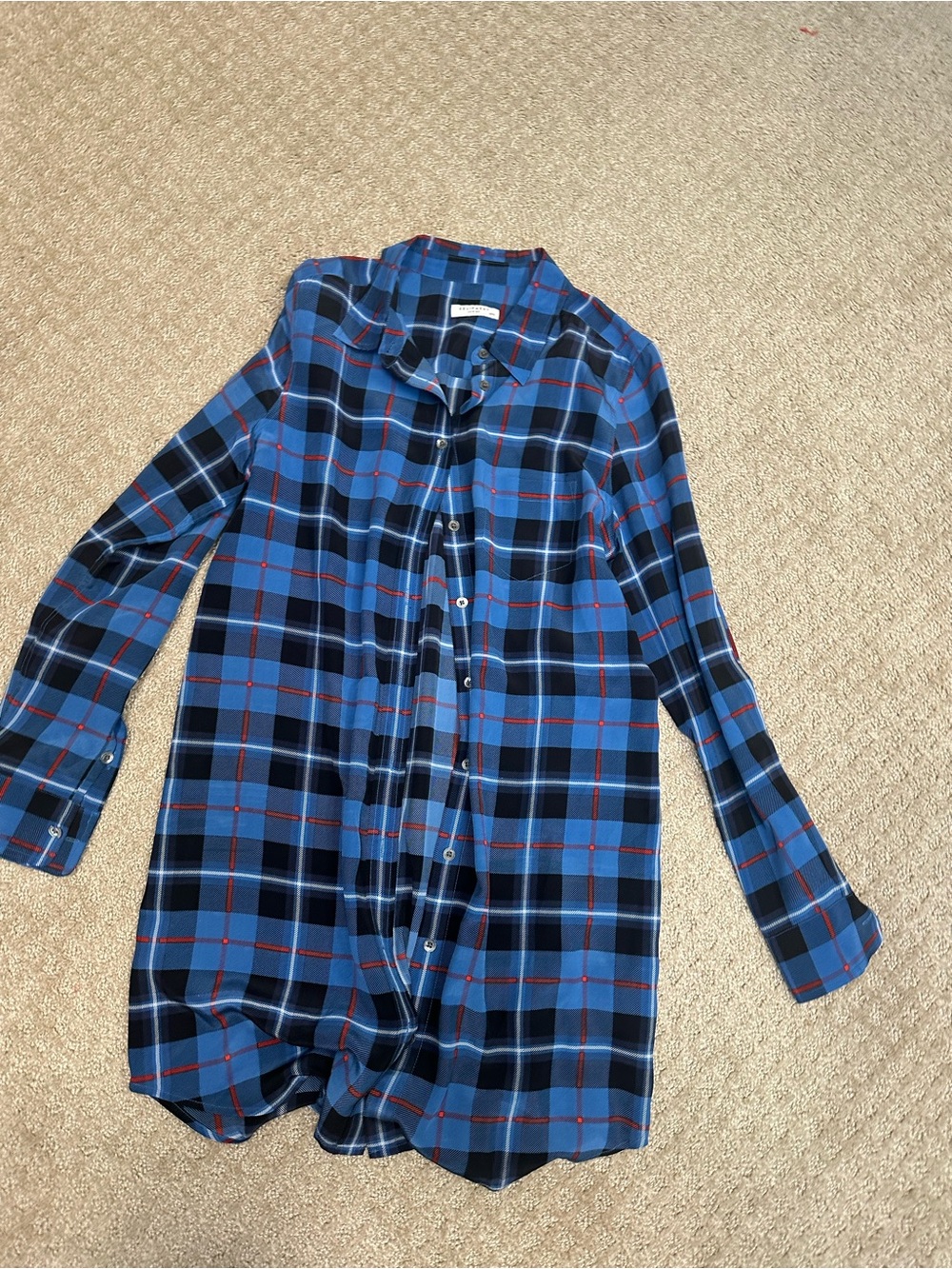 Equipment Blue and Black Plaid Button-Up Shirt Dress with Red Accents